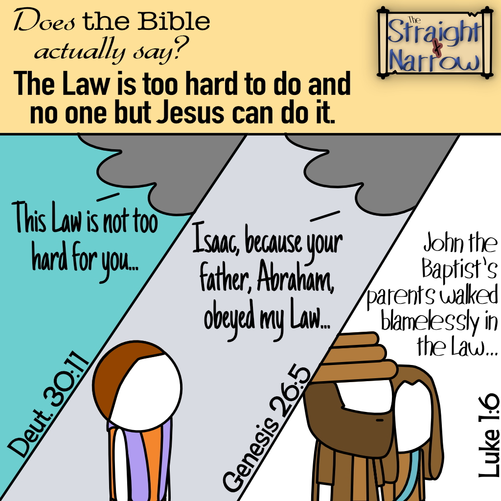 The Straight + Narrow - Does the Bible actually say? The Law is too hard to do and no one but Jesus can do it.
